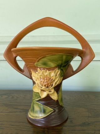 Vintage Roseville Pottery Brown Water Lily Basket 380 - 8