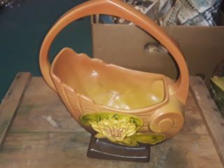 Roseville Pottery Brown Water Lily 381 - 10 Flower Basket Planter