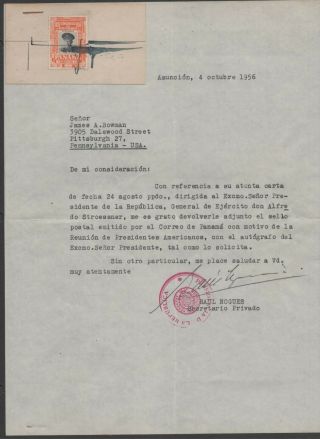 Paraguay Dictator Alfredo Stroessner Matiauda Autograph On Panama 1956 Sc C173