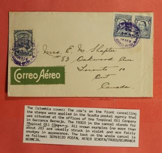1928 Colombia Scadta Airmail To Canada Troco Tropical Oil Co Cancel Scarce
