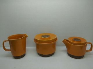 Vintage Egersunds “unique” Norway Teapot,  Pitcher,  Cookie Jar ? Orange & Brown