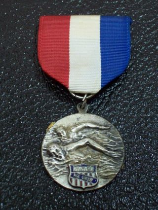 Vintage Swimming Medal Aau Enamel Age Group Medford Or Amateur Athletic Union