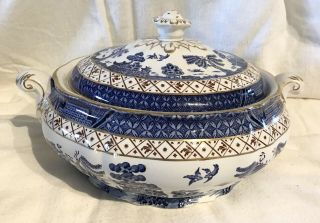 Vintage Booths Real Old Willow Soup Tureen A8025 Gold Trim Vguc