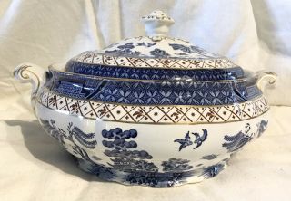 VINTAGE BOOTHS REAL OLD WILLOW SOUP TUREEN A8025 GOLD TRIM VGUC 2