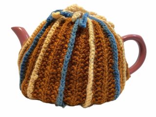 Vintage Tea Cosy Hand Knitted Tea Pot Warmer 6 - 8 Cup Brown Striped Cottage