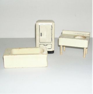 Vintage Art Deco Wooden Dollhouse Furniture,  Refrigerator Sink And Bathtub,  Wood