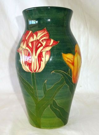 Uk Vintage Pottery Vase W.  Tulip Motif On Green Ground Dennis China (dam)