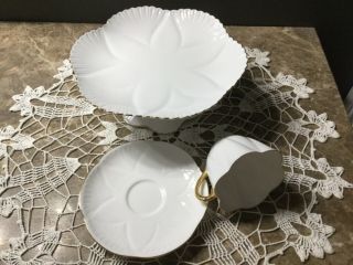Shelley Regency Dainty Pedestal Cake Stand Gold Trim White & Teacup And Saucer