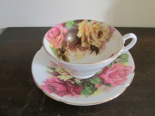 Vintage Stanley Bone China England Tea Cup And Saucer Three Large Cabbage Roses
