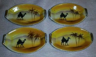 Set Of 4 Antique Nippon Hand Painted Salts Camel Palm Trees Yellow Orange Gold