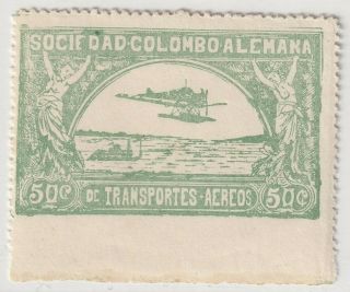 Colombia - Scadta - Seaplane Over River - 50c Stamp W/ Perf Var - Sc C16 - 1920