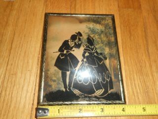 Vintage Reverse Painted Convex Glass Silhouette Picture Couple Man Bow Tophat