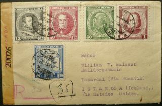 Chile 20 Apr 1944 Regist.  Wwii Censored Cover From Fuente Alto Laxardal,  Iceland
