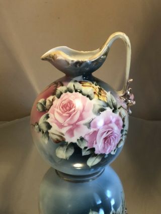 Antique Floral Nippon Hand Painted Porcelain Pitcher With Pink Roses Gold Trim