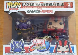 Funko Pop Black Panther V Monster Hunter.  Signed By Chadwick Boseman & Stan Lee