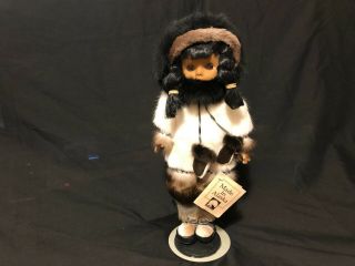 Memeluck 15 " Eskimo Doll W/real Fur - Kukita - Made In Alaska W/tag And Stand