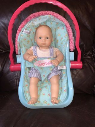 American Girl Bitty Baby Car Seat Carrier Pink And Green With Blonde Baby Doll