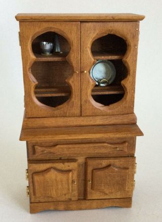 Vintage Dollhouse Miniatures Handmade Wood Hutch W/ Accessories 5 1/2”h