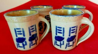 Set Of 4 Monroe Salt Ladder - Back Chair Mugs Blue Rim Stoneware Coffee Cups