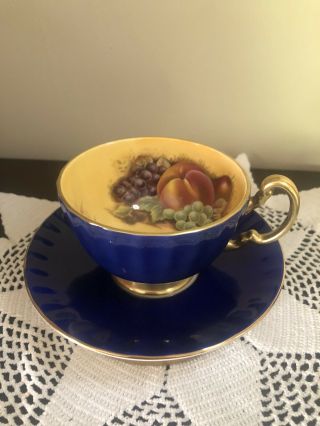 Vintage Aynsley Cobalt Blue And Gold Orchard Fruit Tea Cup And Saucer