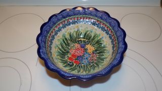 Polish Pottery 9.  5” Scalloped Serving Bowl - Unikat - 3223 Floral - T.  Liana