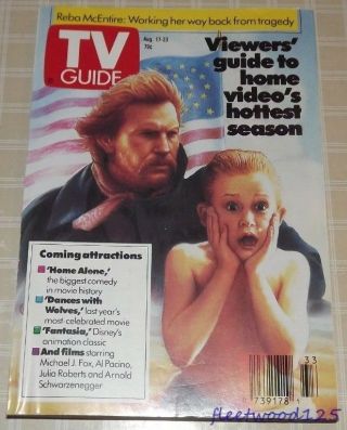 Vintage 1991 Aug 17 - 23 Tv Guide - Kevin Costner Macaulay Culkin Reba Mcentire