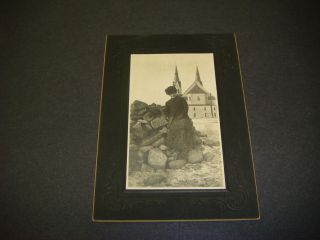 Antique Cabinet Photograph,  Lady In Victorian Dress & Hat At Beach Church S1381