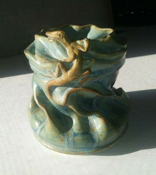George Ohr Style Pinched Clay Applied Lizard Studio Pottery Vase