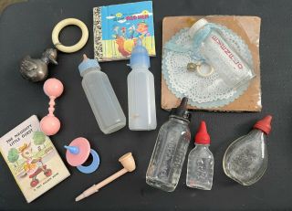 Vintage Doll Baby Bottles 4 Glass W/rubber Nipples 2 Plastic Plus Toys & Books