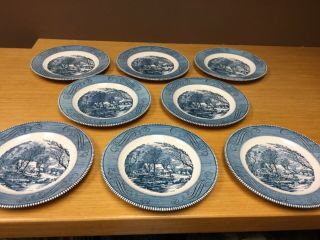 8 Vintage Currier And Ives The Old Grist Mill 10 " Blue/white Dinner Plates