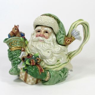 Fitz And Floyd Gregorian 11 " Santa Teapot 5 - Cup Centerpiece Vintage Green