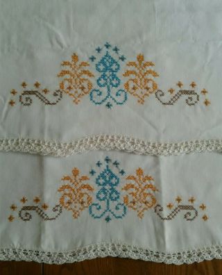2 Vintage White Pillowcases Set Hand Embroidery & Crochet