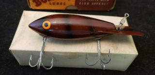 Vintage Wood Bomber Fishing Lure Painted 604 Brown w Black Stripes Box 3