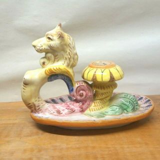 Majolica Candle Holder Made In Italy.  Head Of Lion,  Unusual