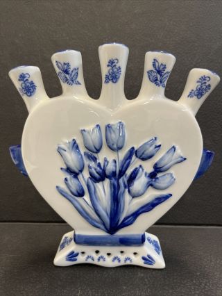 Delftware Royal Twickel Ter Steege Dutch Holland Heart Shaped Tulip Finger Vase