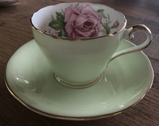 Aynsley Large Pink Cabbage Rose On Light Lime Green Teacup And Saucer.