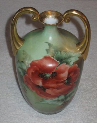 Antique/vintage Decorative Austrian China Vase Green Red Flowers Gold Trim - 8 "