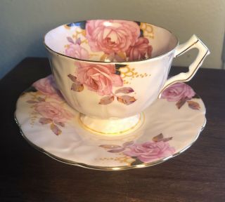 Vintage Aynsley Pale Pink With Cabbage Roses Teacup And Saucer -
