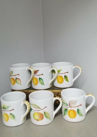 Set 6 Cantagalli Firenze Pottery Italy Coffee Mug Fruit Yellow Plums Rooster Mrk