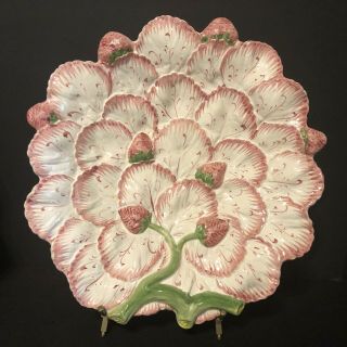 Vintage Majolica Strawberry Leaves & Fruit Large Footed Serving Platter Or Tray