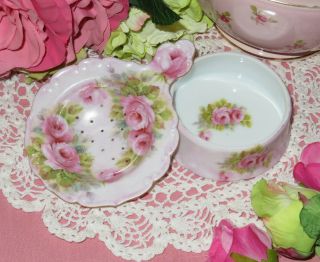 Reserved: Pink Cabbage Roses Loose Leaf Tea Strainer & Bowl 24kt Gold