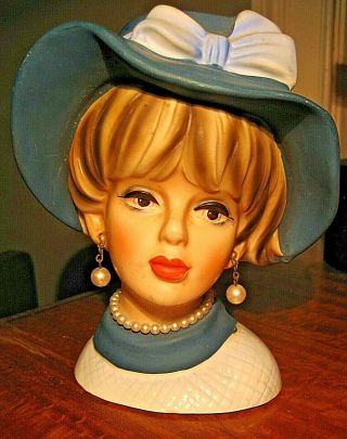 Vintage Lady Head Vase Napcoware C7494 Light & Dark Blue Pearls 6 " Japan Planter