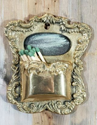 Antique Solid Brass Wall - Mounted Match Holder Framed Striker Design