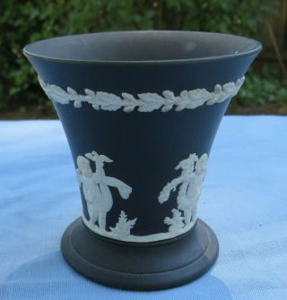 Antique Small Wedgwood Basalt Black Vase With Raised White Cupid Design