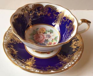 Vintage Paragon Kingston Bone China Tea Cup & Saucer Cobalt Blue Gold Floral
