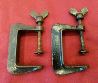 2 Vintage Antique 2 " C - Clamps Small Ornate Thumb Screw - Gw