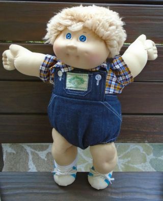 Vtg Cabbage Patch Kid Boy 1982 Blonde Hair Blue Eyes Blue Jean Overalls