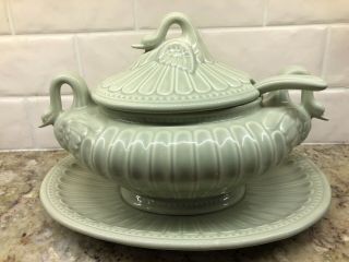 Porta Made In Portugal 4 Pc Sage Green Soup Tureen,  Lid,  Ladle Under - Plate Swans