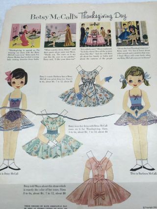 1956 Vintage Betsy Mccall Thanksgiving Day Paper Dolls Uncut