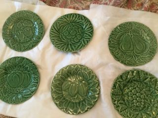 Antique Set Of 6 Bordallo Pinheiro Green Majolica Plates W/ Fruit Motifs - 7.  75”